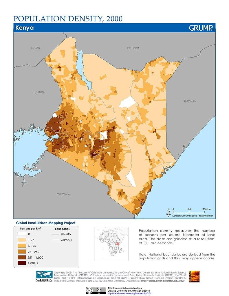 Kenya densitat de població mapa